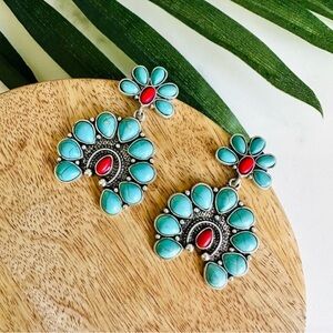 2/$30🌵 Turquoise & Red Stone Squash Blossom Earrings  Bohemian Southwestern